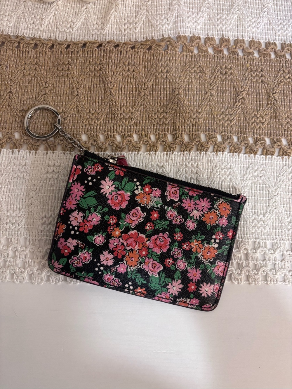 Coach Black Floral Keyring Zip Pouch